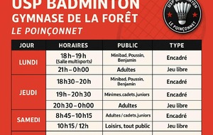 Horaires créneaux USP Badminton Le Poinçonnet