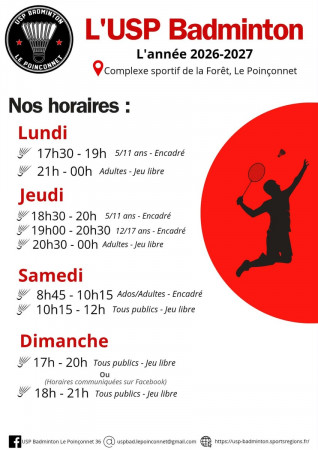 Horaires créneaux USP Badminton Le Poinçonnet